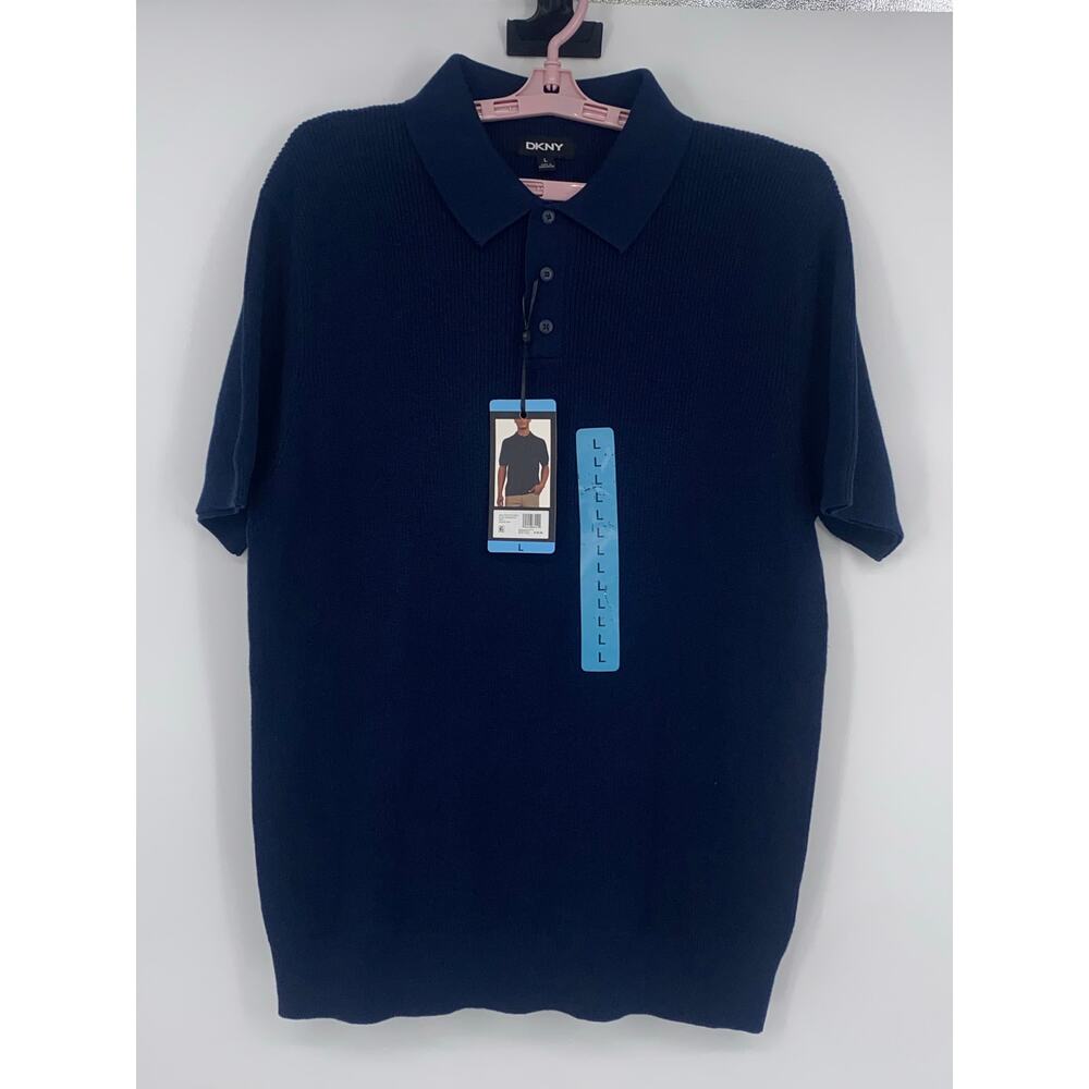 DKNY Men’s Sweater Polo Shirt Navy Blue L100% Cotton Short Sleeve NWT $89.50